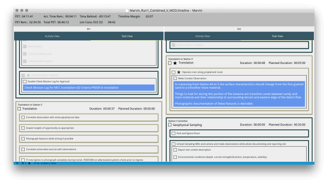 a screenshot of marvin. there is a header at the top and two columns below. the header has high level timeline information while the columns look like indented lists of checkboxes